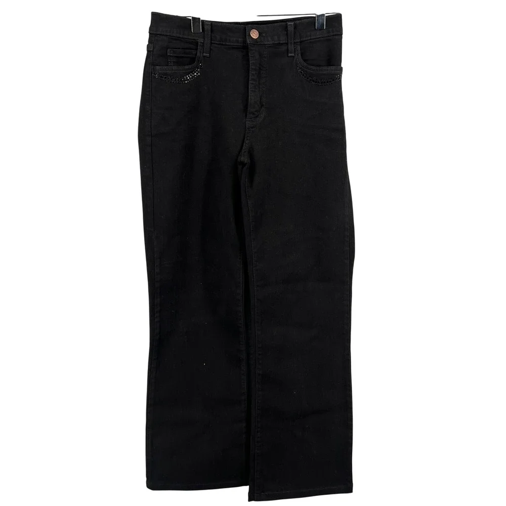 NYDJ Tummy Tuck Jeans Black Rhinestone Studded Straight Leg Denim 449BR Size 2